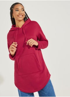 Buy Solid Kangaroo Pocket Solid Longline Hoodie in Saudi Arabia