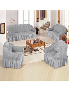 اشتري 4-Piece Super Stretchable Anti-Wrinkle Slip Flexible Resistant Jacquard Sofa Cover Set Light Grey في السعودية