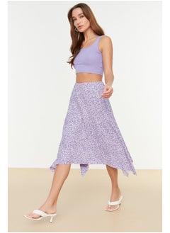 Buy Lilac Flower Patterned Ruffles Asymmetrical High Waist Midi Stretch Knit Skirt TWOAW20ET0440 in Egypt