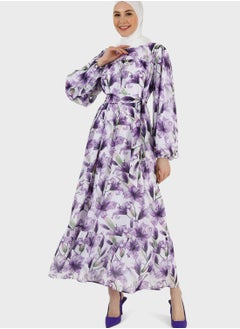 Buy Floral Print Balloon Sleeve Dress in UAE