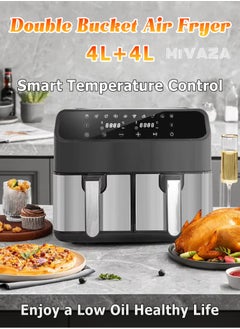 Buy Double Bucket Air Fryer - 4L+4L Stainless Steel Air Fryer - Screen Touch Control Panel - Intelligent Temperature Control - Automatic Electric Fryer for Broil, Bake, Roast - Home Oven - 2000W in UAE