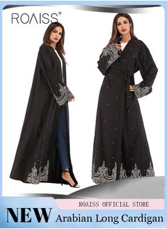 Buy Ladies Robe Embroidered Beaded Arabian Long Cardigan Long Sleeve Solid Color Waist Dress in Saudi Arabia