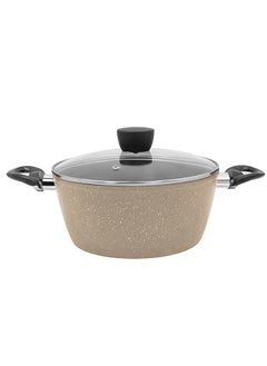 Buy Granite pot with glass lid and high-quality handles, medium capacity 20 cm and depth 10 cm, food cooking pot, for multi-use soup, beige color in Saudi Arabia