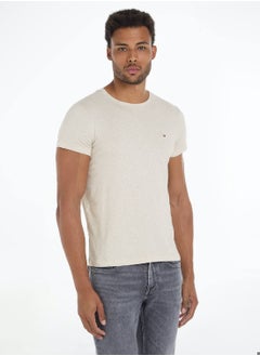 Buy Men's Flag Embroidery Extra Slim Fit T-Shirt -  Stretch cotton, Beige in Saudi Arabia