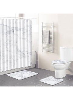 Buy 4-Piece Water-resistant Shower Curtain & Lid Toilet Cover Pedestal Rug Non-slip Bath Mat Bathroom Decoration Accessories in UAE