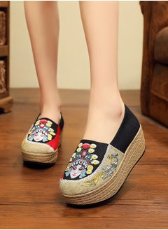 Buy Peking Opera Mask Embroidered Canvas Sneakers - Women's Handmade Cotton Linen Slip-On Platform Shoes with Thick Sole 3.5 cm Height in UAE