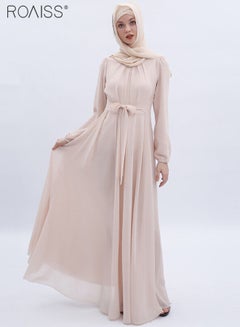 Buy Fashionable Muslim Chiffon Dress Women'S Daily Commuting Solid Color Long Sleeve Belt Tightening Large Skirt Dress Robe in UAE