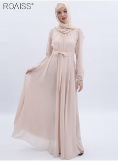 اشتري Fashionable Muslim Chiffon Dress Women'S Daily Commuting Solid Color Long Sleeve Belt Tightening Large Skirt Dress Robe في الامارات