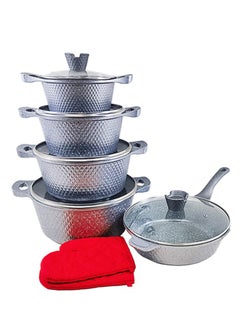 اشتري 12-piece Marble Cookware Set Aluminum Pots And Pans With Non-stick Surface Glass Lids PFOA-free Gray 20-24-28-32 Cm (deep Stockpot) + 28 Cm (deep Frying Pan) + Pair Of Gloves في الامارات