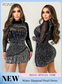 اشتري Fashion Pearl Rhinestone Dress Women Party Tassel Mesh Hip Cover Bodycon Dress في السعودية
