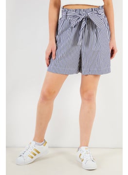 Buy Women Regular Fit Stripped Belted Shorts, Navy/White Combo in Saudi Arabia