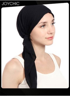 Buy Women's Solid Color Wrinkle Turban Cotton Chemo Hat Casual Windproof Head Scarves Slip-On Pre-Tied Hijab  for Ladies All Seasons Black in Saudi Arabia