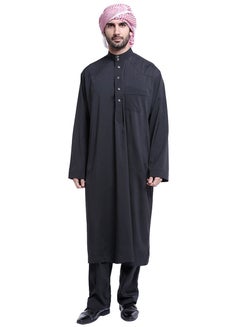 Buy Mens Solid Color Muslim Round Neck Clothing Kaftan Set Middle East Robe Suit Islamic Arabic Wear Black in UAE