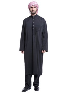 اشتري Mens Solid Color Muslim Round Neck Clothing Kaftan Set Middle East Robe Suit Islamic Arabic Wear Black في السعودية