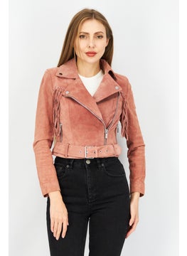 اشتري Women Solid Leather Cropped Jacket, Old Rose في الامارات