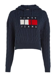 Buy Women's Cropped Cable Knit Flag Badge Hoody Sweater, Navy in UAE