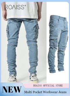 اشتري Men'S Fashionable Elastic Pocket Jeans Side Flap Pocket Tight Pants Micro Elastic Versatile Pencil Pants في الامارات