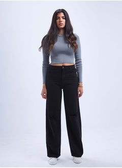 Buy High-Waist Black Distressed Straight Wide Leg Jeans. in Saudi Arabia