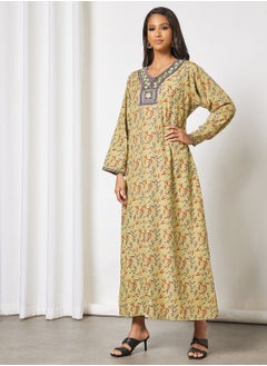 Buy All-Over Printed Long Sleeve Cotton Jalabiya in UAE