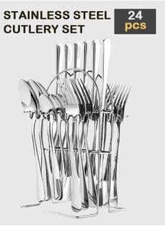 Buy 24 Pieces Stainless Steel Cutlery Set with Holder, Mirror Polish Cutlery Set, Dishwasher Safe Cutlery Set Cutlery Set (Silver) in UAE