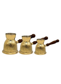 Buy Majestic Brass Turkish Coffee Pot Set of 3 – Golden Color, Spiral Design, Capacities: 190 ml, 280 ml, 400 ml – Handcrafted with Wooden Handle, Perfect for Turkish Coffee, Arabic Coffee, Tea, Milk, and Hot Beverages in UAE