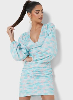 Buy Printed Plunge Puff Sleeve Dress in UAE