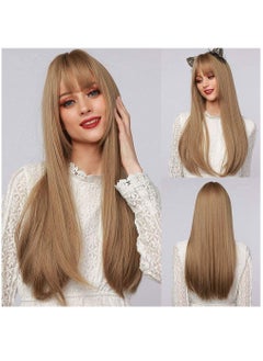 اشتري Long Straight Wig Synthetic Blonde Golden Nature Wigs with Bangs Ombre Brown Natural Headline Heat Resistant for White Women Party Cosplay Costume في السعودية