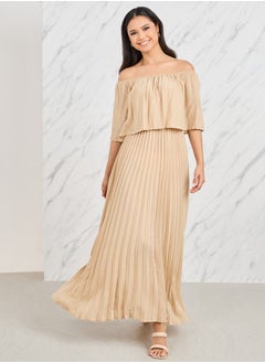 Buy Off Shoulder Cape Sleeves Accordion Pleats Maxi Dress in Saudi Arabia