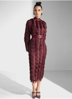 Buy Fur Detail Belted Dress in UAE