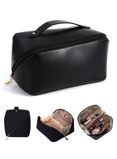 اشتري Large-Capacity Travel Cosmetic Bag Portable Makeup Case Travel Wash Bag Waterproof Leather Makeup Bag Multifunction Toiletries Organizer Storage Bag (Black) في الامارات