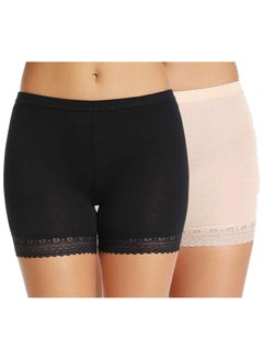 Buy Women's/Girl's Cotton Lycra Shorts with Lace Trim Cycling Shorts/Safety Shorts/Under Skirt Shorts/Night Shorts, Black/Beige (Pack Of 2) in UAE