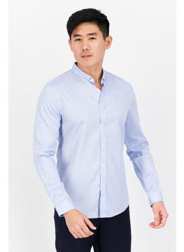 Buy Men Slim Fit Spread Collar Long Sleeve Plain Casual Shirt, Blue in UAE