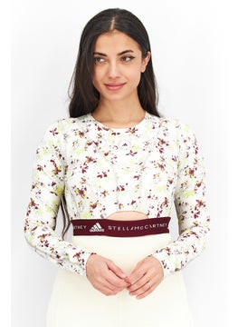 Buy Women Crew Neck Long Sleeve Printed Cropped Top, White Combo in UAE