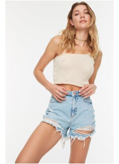 Buy Blue High Waist Ripped Detailed Denim Shorts TWOSS22SR00030 in Egypt