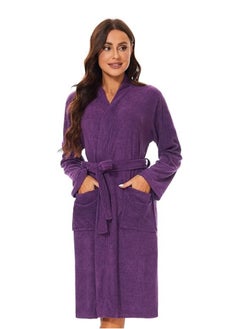 Buy Purple Colour Terry Check Design  Bathrobe Large Size with Double Front Pockets in UAE