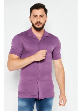 Buy Men Regular Fit Short Sleeves Plain Casual Shirt, Purple in UAE