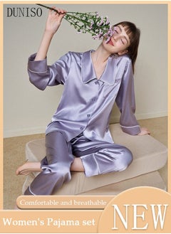 Buy 2-piece Women' s Pajama Sets Silks Satin Sleepwear Elegant Loungewear Nightwear Long Sleeve Shirt with Button Down and Waist Elastic Pants Pajama Set for Women Grils Ladies Purple in Saudi Arabia