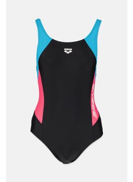 Buy Women Brand Logo One Piece Swimsuit, Black and Blue and Pink in Saudi Arabia