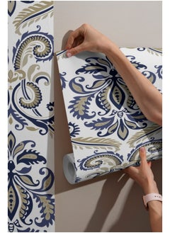 اشتري A Blue And White Damask Pattern With Swirls And Leaves.
 Fabric Wallpaper Covers An Area ​​Up To 4.2Mx3M With Adhesive And Smoothing Tool في مصر