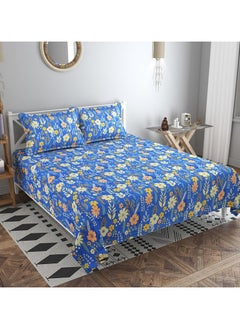 Buy Premium Glace Cotton King Bed Sheets with 2 King Pillowcases by Kingston | Luxurious Soft Sheets (Set of 3) |275 X 274  CM, (Blue and Yellow), Cotton in UAE