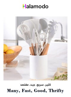 Buy 11 Pieces Silicone Cooking Utensil Set with Wooden Handle White 10.50 x 10.50 x 1.237cm in Saudi Arabia