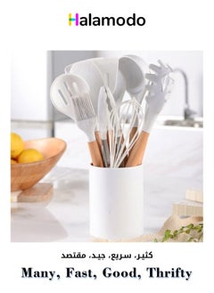 Buy 11 Pieces Silicone Cooking Utensil Set with Wooden Handle White 10.50 x 10.50 x 1.237cm in Saudi Arabia