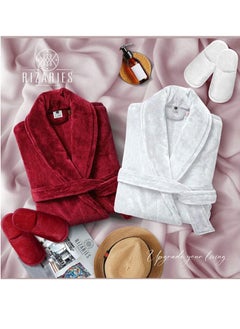 Buy Couple Set Red & White (2 Velour Bathrobe, 2 Velour Slippers) in UAE