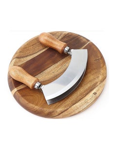 Buy Double Blade Chopping Knife with Round Cutting Board, Stainless Steel Mezzaluna Pizza Cutter Rocker Knife, Salad Chopper and Mincing Knife Set in UAE