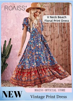 Buy Beach Floral Print Dress for Women Bohemian Elegant V-Neck Waist-Tie Short Sleeve Dress Ladies Vintage Butterfly Sleeve Ruffle Trim Pleated Maxi Dress in Comfortable and Skin-Friendly Fabric in UAE