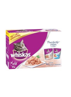 Buy Whiskas Purrfectly Fish with Tuna and Tuna & Salmon, Wet Cat Food, 6 Packs Tuna and 6 Packs Tuna & Salmon, for Adult Cats. Made from Real Fish, for a Complete Nutrition, Pack of 12x85g. in Saudi Arabia