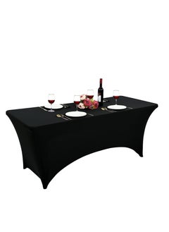 Buy Black Stretchable Tablecloth for 6 Ft Tables, Tight Fit Washable and Wrinkle Resistant Table Covers for Party, Family Dinner and Festival Wedding Linens Banquet Cloths Rectangle Covers in UAE