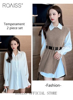 Buy 2 Piece Waist Design Knitted Vest and Long Sleeved White Shirt Top with Belt Lapel Shirt Design Comfortable and Skin Friendly Fabric Solid Color Women Casual Top Suit for Daily Commuting Wear in UAE