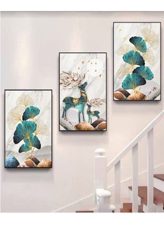 Buy 3-Panel Duplex Art Painting for Entrance Decorative Wall Hanging (Blue Golden Deer) in UAE