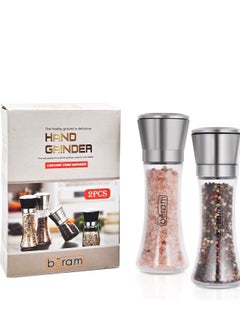 Buy Salt and Pepper Grinder, Set Of 2, Spices Mill With Glass Body, Stainless Steel, Durable Material, Manual, Dual and Multipurpose, Adjustable Coarseness, Sea Salt, Black Peppercorn, Spices and More in UAE